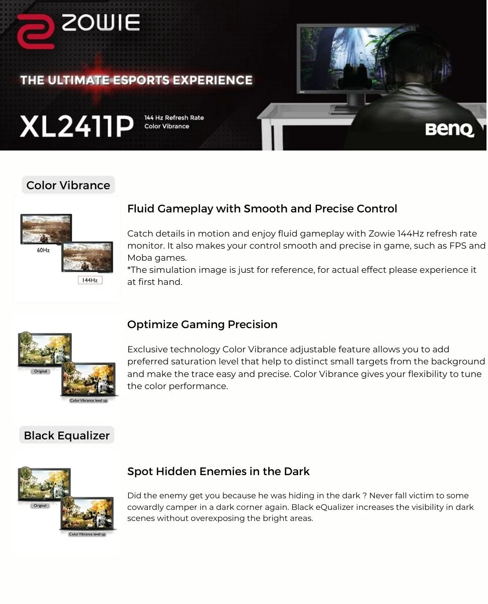 BenQ 24 Inch-XL2411P FHD LED Backlit TN Panel Height Adjustment, 3D, Swivel Adjustment, Flicker-Free Gaming Monitor (Response Time 1 ms, 144 Hz Refresh Rate)