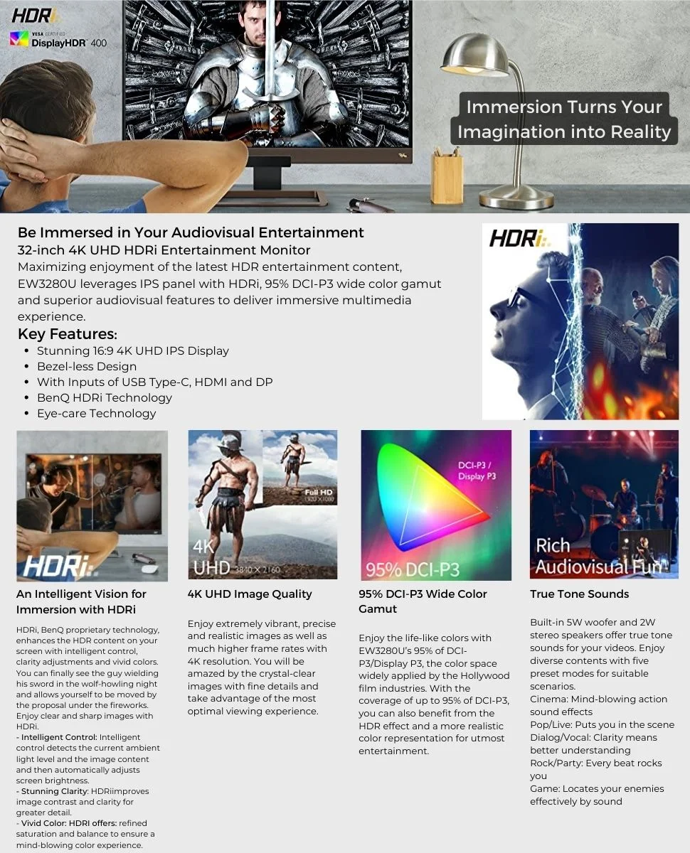 BenQ EW3280U 32-Inch 4K UHD HDRi Entertainment and Gaming Monitor, IPS, USB-C, HDMI, DP, 3840x2160, DCI-P3, Display HDR 400, Speakers, Remote Control